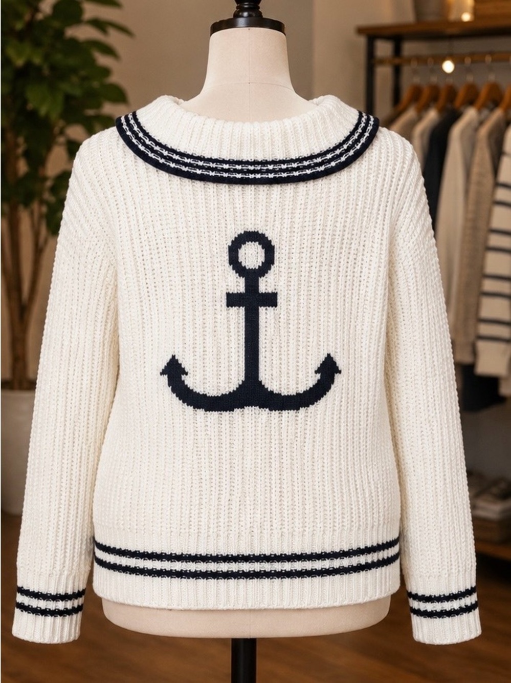 Marled Cream V-Neck Sailor Sweater with Navy Trim - Picture 8 of 11